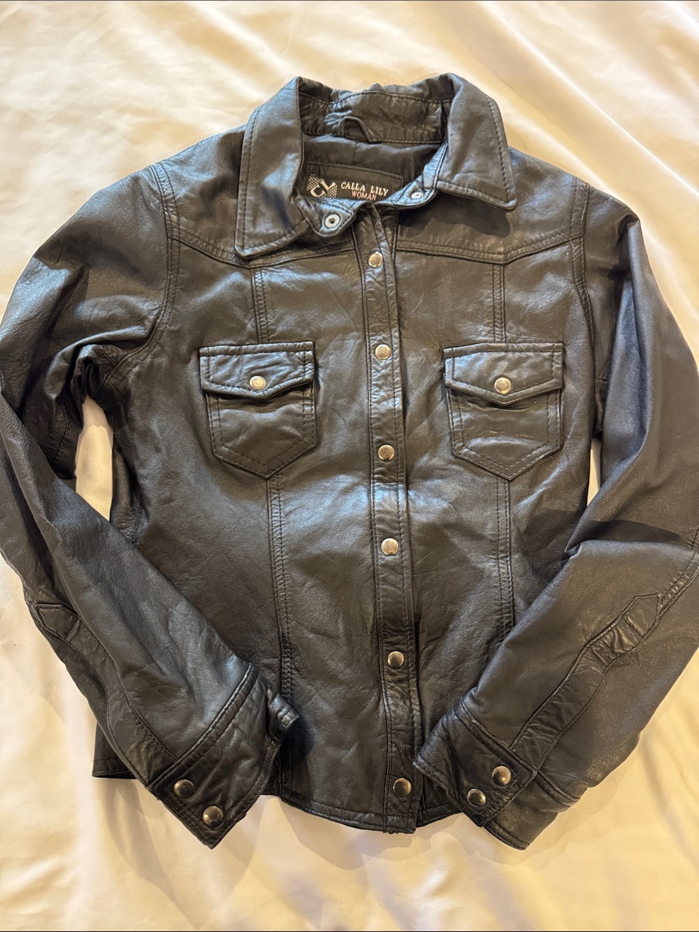 Calla Lily black leather button-up jacket/shirt M